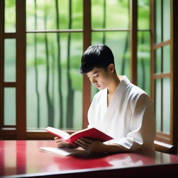 A young European man with short black hair is reading a red book while sitting at a desk