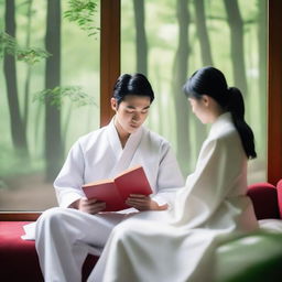 A young European couple with black hair, dressed in white Zhongshang suits, reading a red book together on a sofa