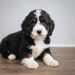 A phantom Bernedoodle, with its distinct black and white fur, a playful expression in its eyes, and a fluffy tail.