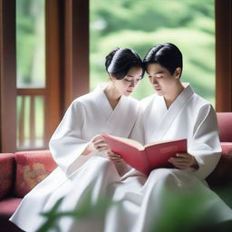 A young European couple with black hair, dressed in white Zhongshang suits, reading a red book together on a sofa