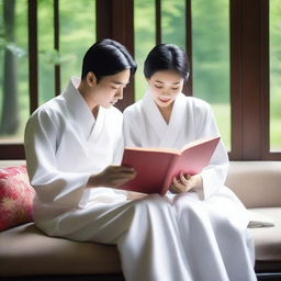 A young European couple with black hair, dressed in white Zhongshang suits, reading a red book together on a sofa