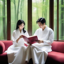 A young European couple with black hair, dressed in white Zhongshang suits, reading a red book together on a sofa