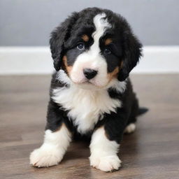 A phantom Bernedoodle, with its distinct black and white fur, a playful expression in its eyes, and a fluffy tail.