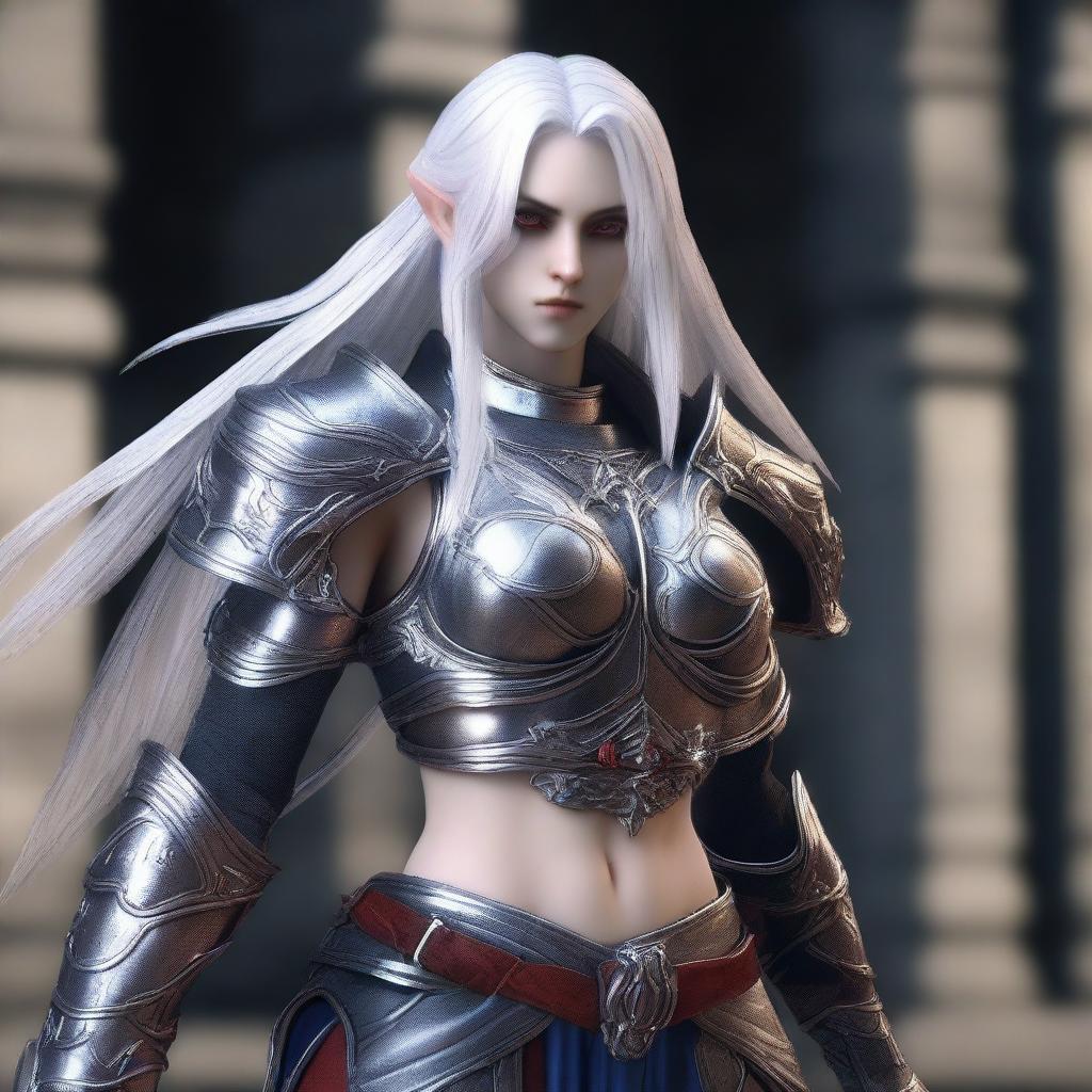 A muscular female dark elf gladiator in full body heavy Imperial Crusader Armor, set in the Imperial Tomb from Lineage 2