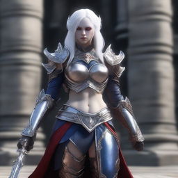 A muscular female dark elf gladiator in full body heavy Imperial Crusader Armor, set in the Imperial Tomb from Lineage 2