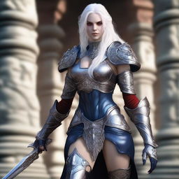 A muscular female dark elf gladiator in full body heavy Imperial Crusader Armor, set in the Imperial Tomb from Lineage 2