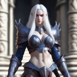 A muscular female dark elf gladiator in full body heavy Imperial Crusader Armor, set in the Imperial Tomb from Lineage 2