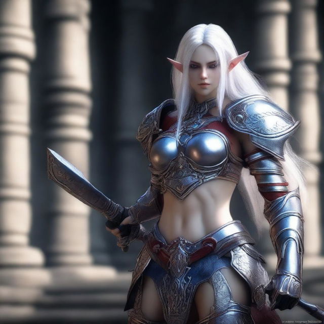 A muscular female dark elf gladiator in full body heavy Imperial Crusader Armor, set in the Imperial Tomb from Lineage 2