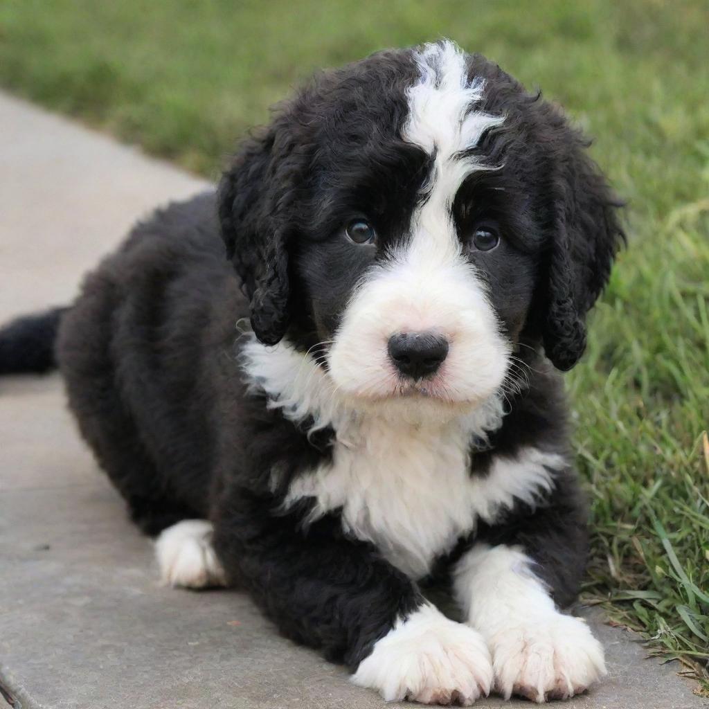 A phantom Bernedoodle, with its distinct black and white fur, a playful expression in its eyes, and a fluffy tail.