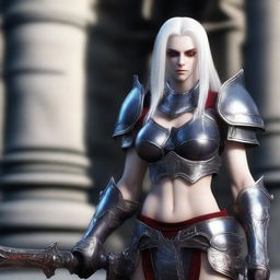 A muscular female dark elf gladiator in full body heavy Imperial Crusader Armor, set in the Imperial Tomb from Lineage 2