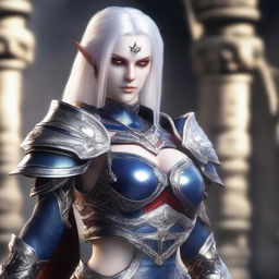 A muscular female dark elf gladiator in full body heavy Imperial Crusader Armor, set in the Imperial Tomb from Lineage 2