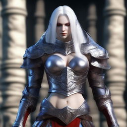 A muscular female dark elf gladiator in full body heavy Imperial Crusader Armor, set in the Imperial Tomb from Lineage 2