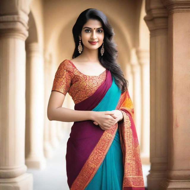 A woman wearing a traditional saree, draped in a way that accentuates a low hip style