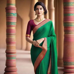 A woman wearing a traditional saree, draped in a way that accentuates a low hip style