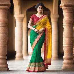 A woman wearing a traditional saree, draped in a way that accentuates a low hip style