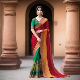 A woman wearing a traditional saree, draped in a way that accentuates a low hip style