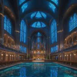 A grand church encapsulated in an aquapunk theme, adorned with futuristic underwater elements, glowing lights, and marine life co-existing with intricate architecture.