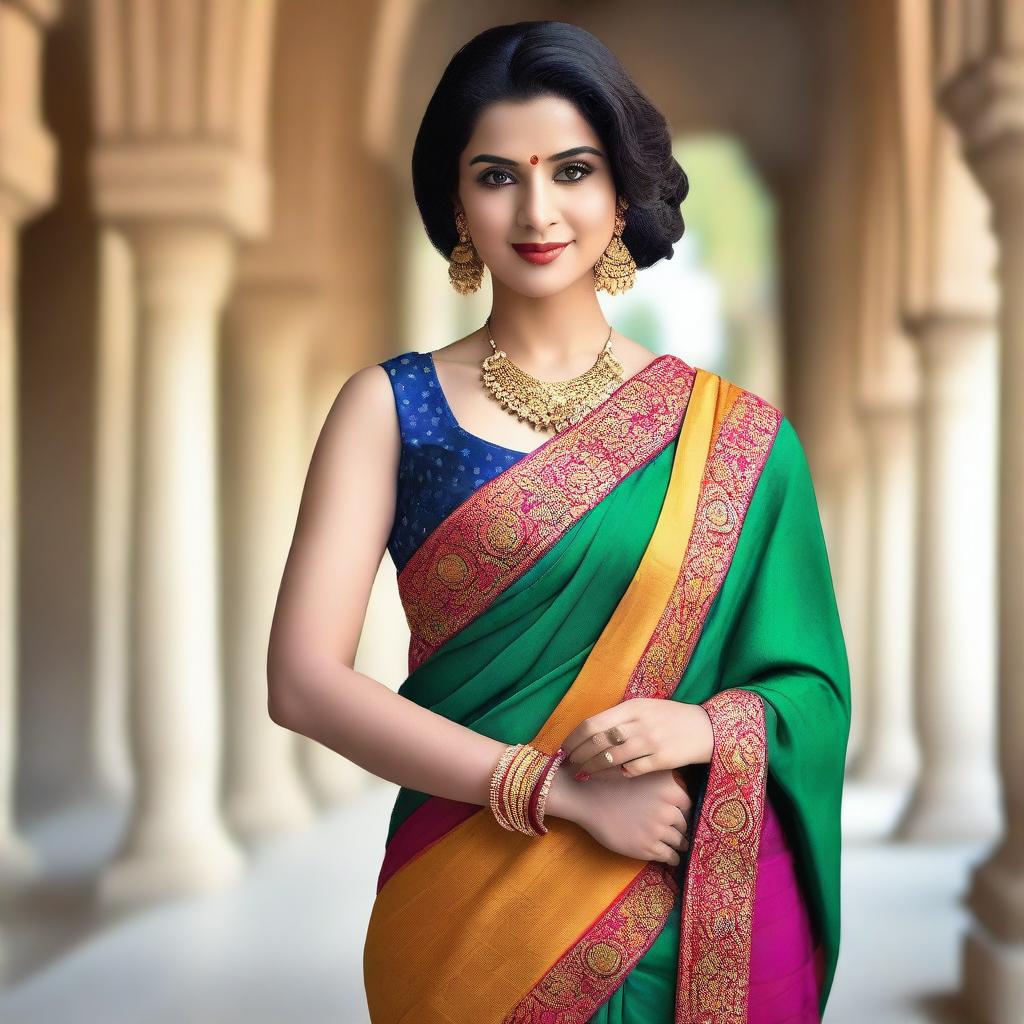 A beautiful woman wearing a traditional saree with a sleeveless blouse