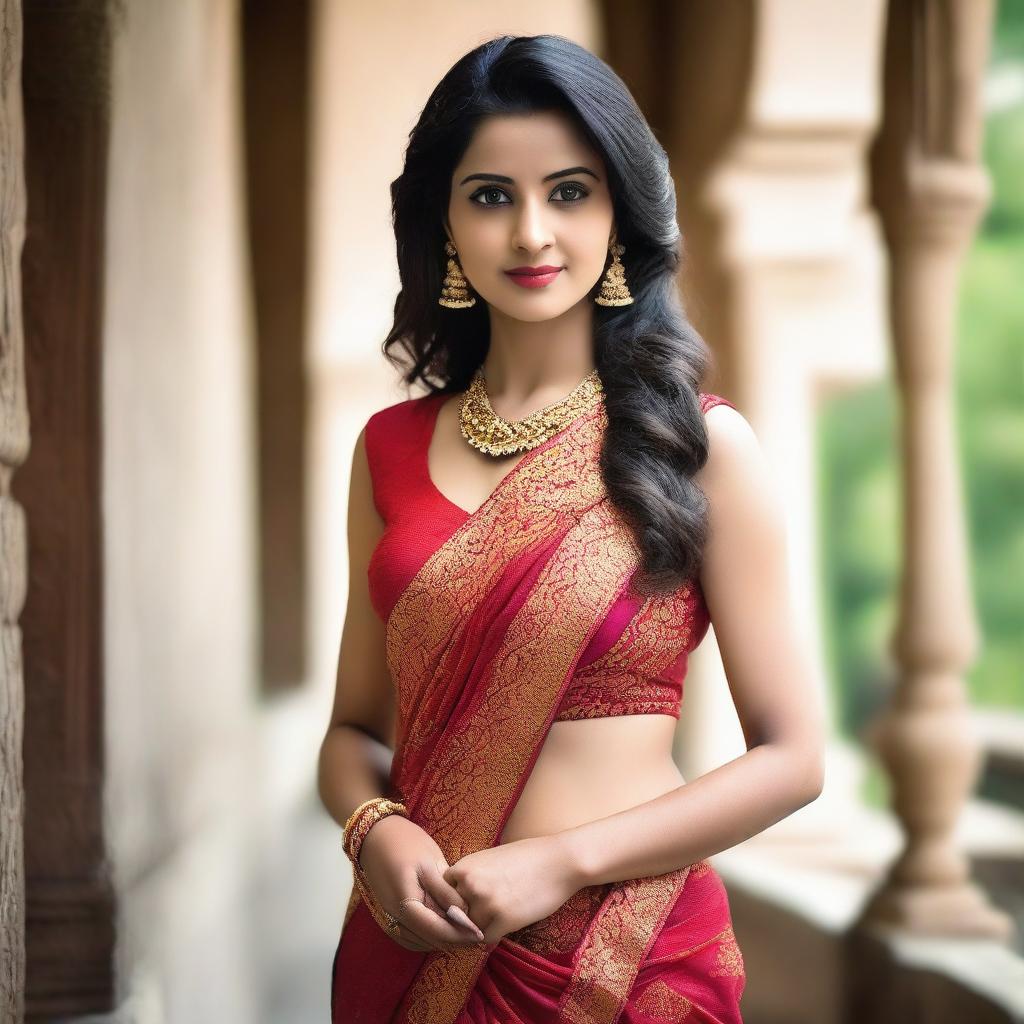 A beautiful woman wearing a traditional saree with a sleeveless blouse