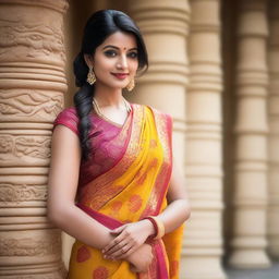 A beautiful woman wearing a traditional saree with a sleeveless blouse