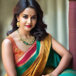 A beautiful woman wearing a traditional saree with a sleeveless blouse