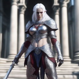 A muscular female dark elf gladiator in full body heavy Imperial Crusader Armor, set in the Imperial Tomb from Lineage 2