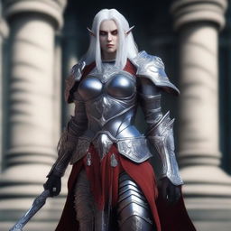 A muscular female dark elf gladiator in full body heavy Imperial Crusader Armor, set in the Imperial Tomb from Lineage 2