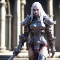 A muscular female dark elf gladiator in full body heavy Imperial Crusader Armor, set in the Imperial Tomb from Lineage 2