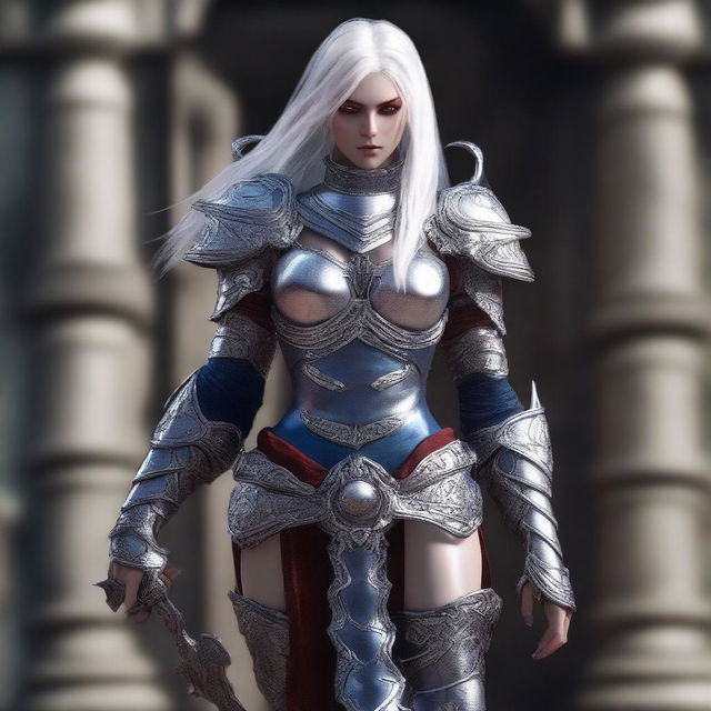 A muscular female dark elf gladiator in full body heavy Imperial Crusader Armor, set in the Imperial Tomb from Lineage 2