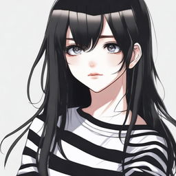 A beautiful girl with long black hair and black eyes, styled as an e-girl