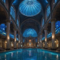 A grand church encapsulated in an aquapunk theme, adorned with futuristic underwater elements, glowing lights, and marine life co-existing with intricate architecture.