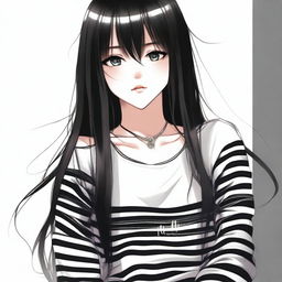 A beautiful girl with long black hair and black eyes, styled as an e-girl