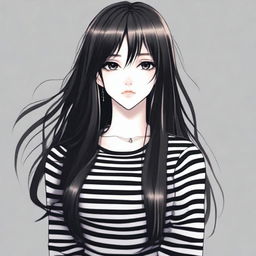 A beautiful girl with long black hair and black eyes, styled as an e-girl