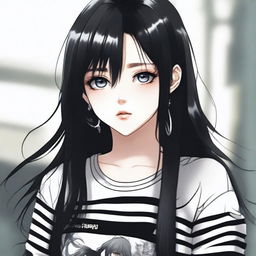 A beautiful girl with long black hair and black eyes, styled as an e-girl