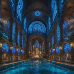 A grand church encapsulated in an aquapunk theme, adorned with futuristic underwater elements, glowing lights, and marine life co-existing with intricate architecture.