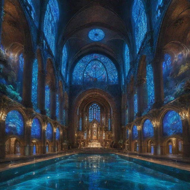 A grand church encapsulated in an aquapunk theme, adorned with futuristic underwater elements, glowing lights, and marine life co-existing with intricate architecture.