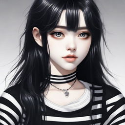 A beautiful girl with long black hair and black eyes, styled as an e-girl