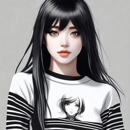 A beautiful girl with long black hair and black eyes, styled as an e-girl