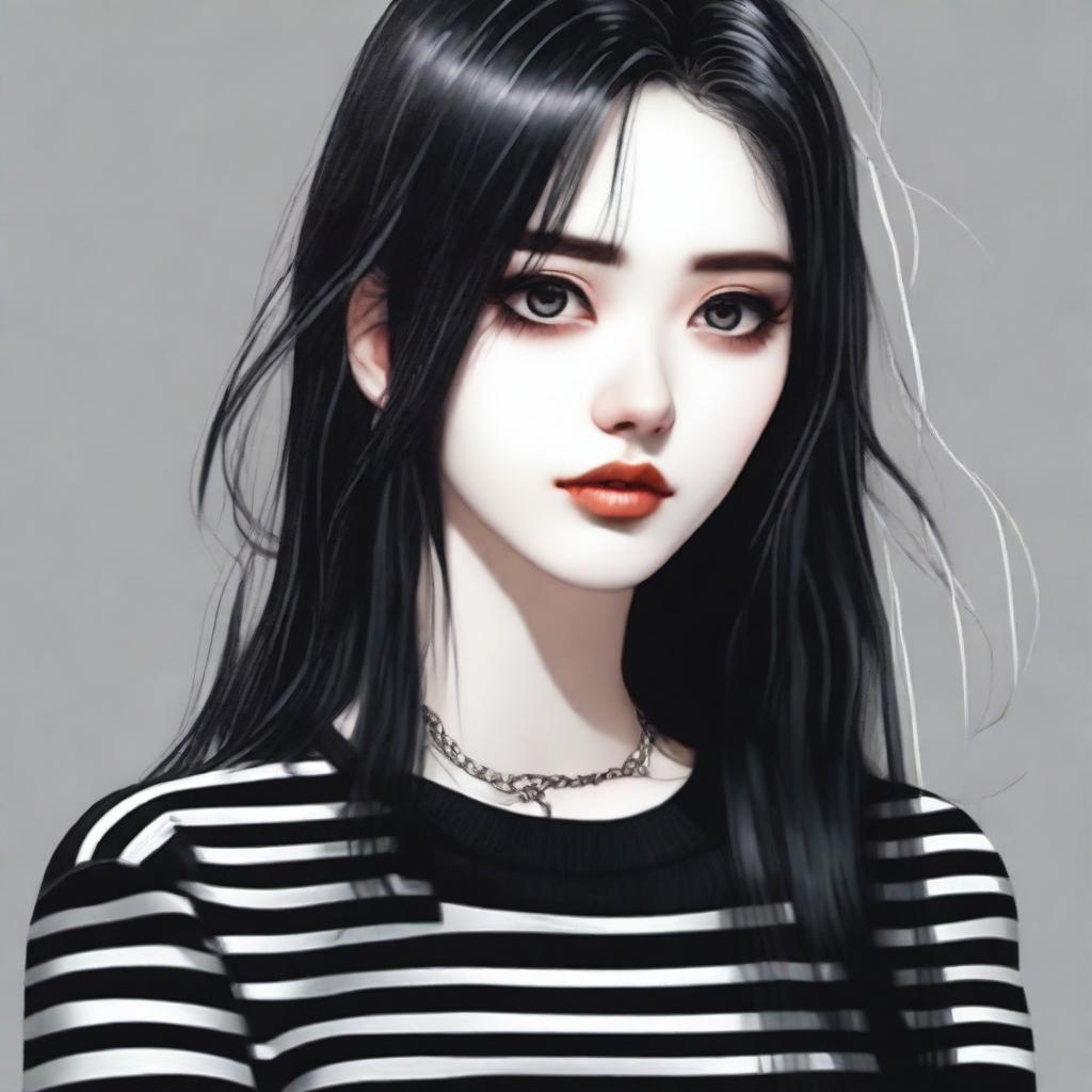 A beautiful girl with long black hair and black eyes, styled as an e-girl