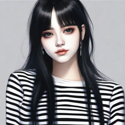 A beautiful girl with long black hair and black eyes, styled as an e-girl