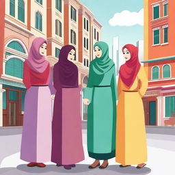 A group of Muslim women from Asia, wearing traditional hijabs and modest clothing