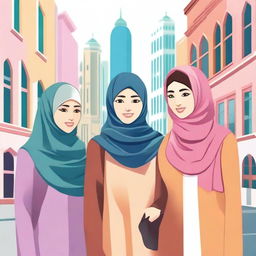 A group of Muslim women from Asia, wearing traditional hijabs and modest clothing