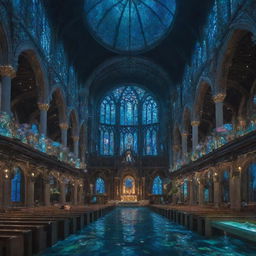 A grand church encapsulated in an aquapunk theme, adorned with futuristic underwater elements, glowing lights, and marine life co-existing with intricate architecture.