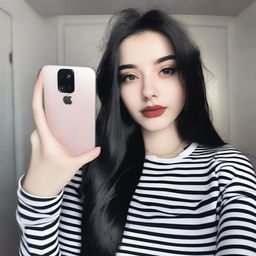 A beautiful 18-year-old girl with long black hair and black eyes taking a selfie