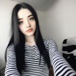 A beautiful 18-year-old girl with long black hair and black eyes taking a selfie