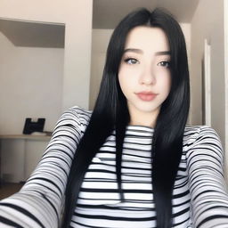 A beautiful 18-year-old girl with long black hair and black eyes taking a selfie