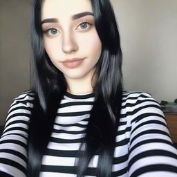 A beautiful 18-year-old girl with long black hair and black eyes taking a selfie