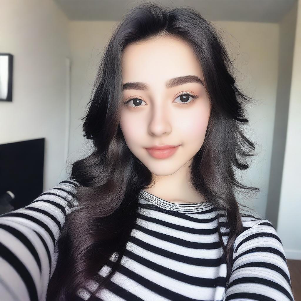 A beautiful 18-year-old girl with long wavy black hair and black eyes taking a selfie