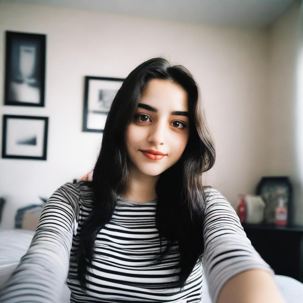 A beautiful 18-year-old girl with long wavy black hair and black eyes taking a selfie in her bedroom