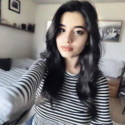 A beautiful 18-year-old girl with long wavy black hair and black eyes taking a selfie in her bedroom